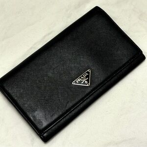 Prada Black Saffiano Leather Continental Wallet Fold Over Silver